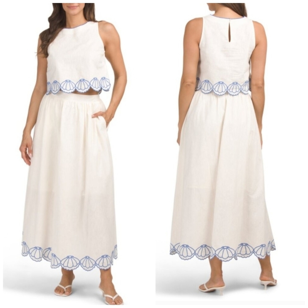 🤍▪️CALYPSO ST. BARTH▪️ White 2pc Linen Blend Embroidered Seashell Top Skirt Set